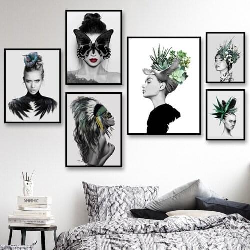 Modern Floral Feather Women Painting Abstract Fashion Girl Canvas Painting Wall Art Pictures for Living Room Home Decor