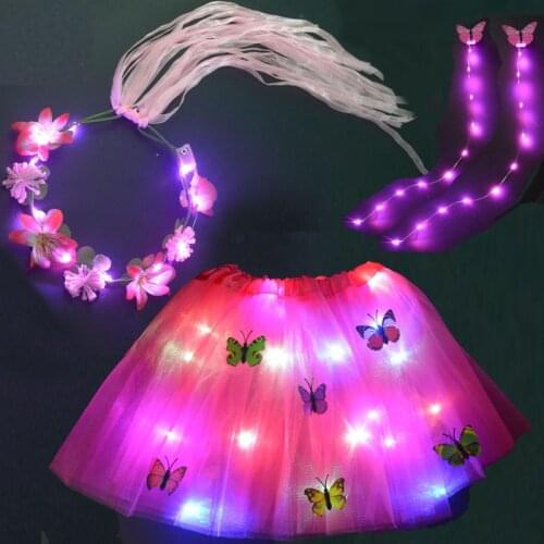 Glowing Girls Princess Costume Set Fairy Tutu Skirt Crown Flower Wreath Headband DIY Hair Lights String for Birthday Party Gifts