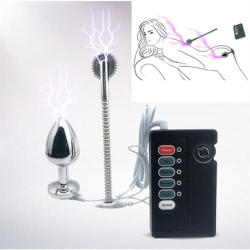 Electric Shock Vibrator Sex Tool Women Metal Anal Plug + Needle Wheel Roller Body Clitoral Nipple Rod Stimulation Bdsm Sex Toy