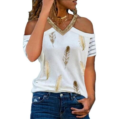 Women Summer T-shirt 2021 Blouse Feather Print V Neck Summer Hollow Out Shoulder Patchwork T-shirt for Party