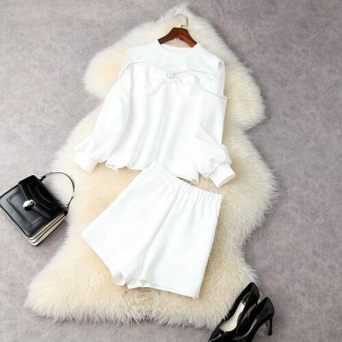 European and American womens wear for spring 2021 Long sleeved stapled diamond bow hoodie White shorts Fashion suits