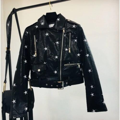 2021 Autumn Street Faux PU Leather Jacket Women Star Embroidery Zipper Pocket Coat Motorcycle Biker Jacket Casual Chaqueta Mujer