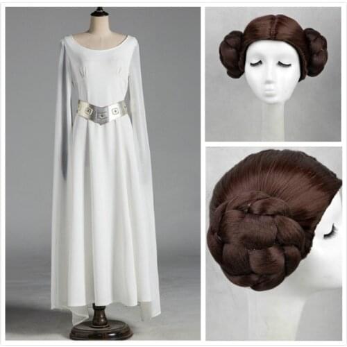 Woman Star Wars Princess Leia Organa Solo Cosplay Long White Dress Wig 2PCS Set Adult Halloween Carnival Cosplay Disguisement