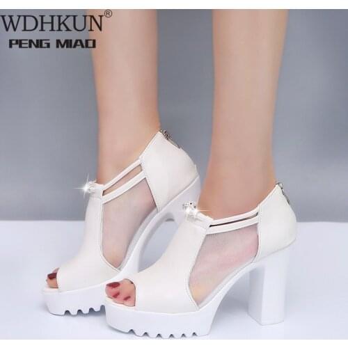 2020 Women Sandals Square High Heel Summer Shoes Woman Pumps Sexy Flower Net Hollow Peep toe Gladiator Sandals size 35-39