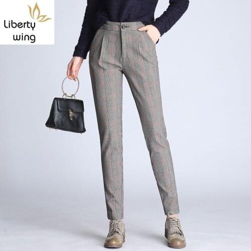 2020 New Summer Fashion OL High Waist Checkered Womens Trousers Casual Slim Fit Pencil Pantalones De Mujer Plus Size