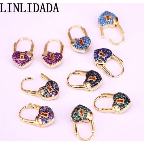 5Pair CZ Cubic Zirconia Paved Earring For Women Crystal Heart Lock Charms Rainbow Jewelry Earring