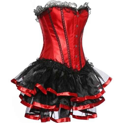 Sexy Gothic Satin Bustier Corset Women Burlesque Dancer Dress Shapers Bustier Mini Skirt Lace Plus Size Waist Slimming Belt 6XL