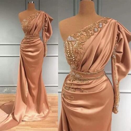 Pink Luxury Handmade Beading With Pleated One-Shoulder Women Wrap Dresses Sexy Satin Evening Dresses