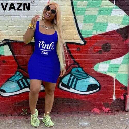 VAZN Hot Plus Size Letter Simple Joker High Street Sexy Young Fashion Round Neck Tank Sleeve Thin Women Thin Mini Dress