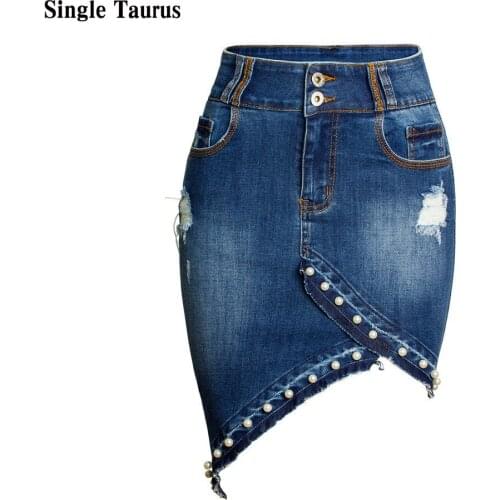 Irregular Stretch Denim Pencil Skirt Beaded Pearl Sexy Mini Faldas Mujer Moda Streetwear England Women Clothes rokjes dames 2021