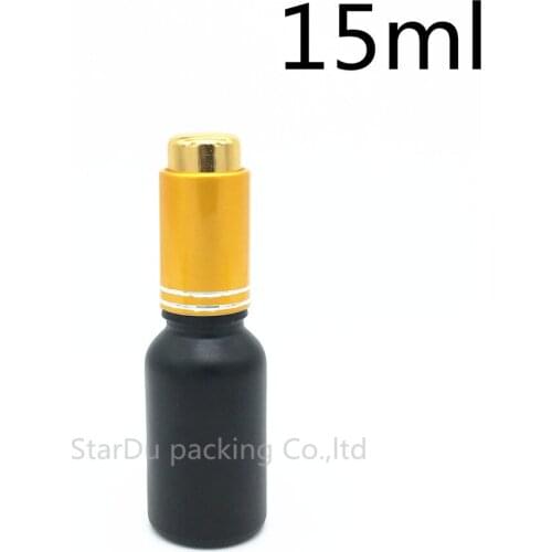 Free shipping 10pcs 15ml black frosted glass essential oil bottle with gold cap dropper glass perfume bottle