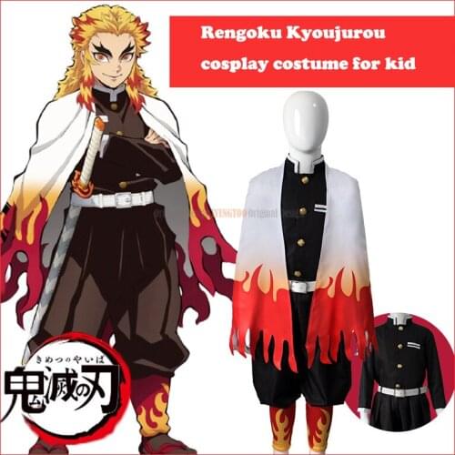 Kid costume Rengoku Kyoujurou Cosplay Anime Demon Slayer Cosplay Costume Kimono Kimetsu no Yaiba Cosplay Wig Carnival halloween