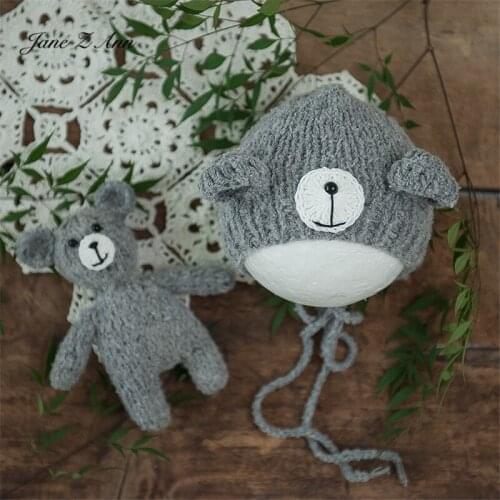Jane Z Ann Newborn photo props handmade knitted gray bear hat+doll studio shooting accessories