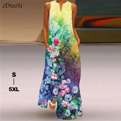 EDressU 2021 Women Summer Sleeveless Floral Print Long Dress Vintage Plus Size Bohemian Boho Holiday Casual Beach Dress YX-77