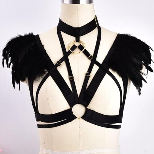 Black Feather Body Harness O-Ring Epaulettes Lingerie Cage bra Bondage Goth Angel Feather Wings Tops Party Dance Festival Rave