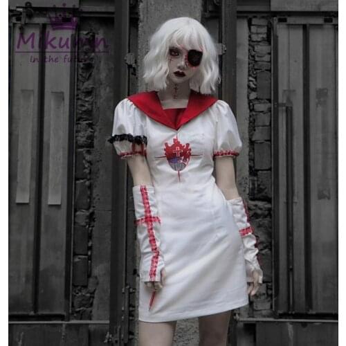 Harajuku Gothic Girl Bloody Heart Embroidered Sailor Collar Short Sleeve Slim Mini Dress Hallowee Cosplay Party Women Dress