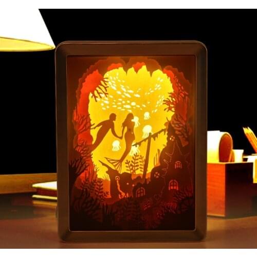 Sweetmade Custom Design Mermaid Innovative 3D Paper Cut Light Shadow Box Frame Valentines Day Gift With Remote Control
