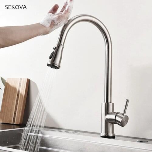 Stainless Steel Brushed Touch Sense Control Kitchen Faucet Pull Out Sink Mixer Water Tap ware Double Flow Setting Pause Button