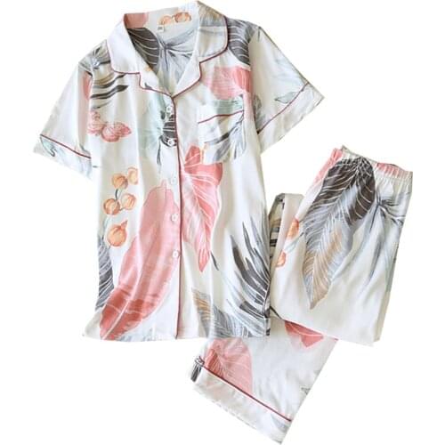 Summer New Women Knitted Cotton Pajamas Set Floral And Leaves Printed Turn-Down Collar 2Pcs Set Ladies Household Lady Sleepwear