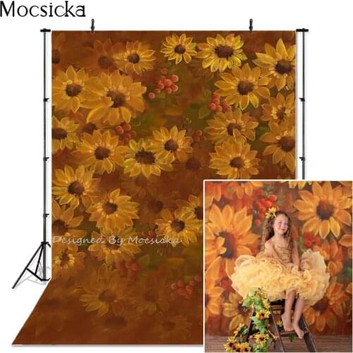 Mocsicka Sunflower Photography Background Hand Drawn Style Yellow Flower Backdrop Child Portrait Photo Decoration Props Studio