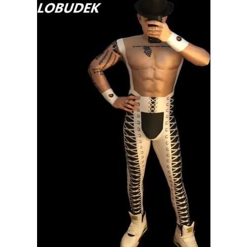 Men Personality Pattern Elastic Leotard False Muscle Bandage Printed Skinny Jumpsuit Male Club Bar Party DJ Pole Dance Costume