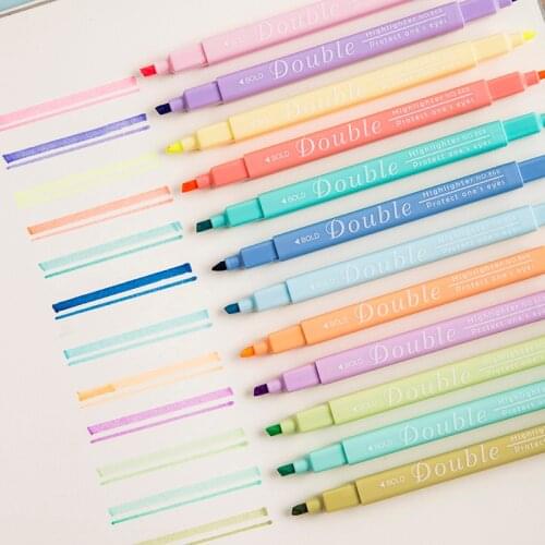 12pcs Double Color Highlighter Pen Set Dual-side Bold Fine Tip Fluorescent Marker Liner Drawing Pens Office School Art A6797