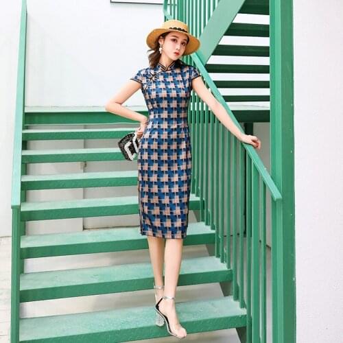 2020 Summer New Plaid Modern Cheongsam Short Sleeve Chinese Dress Qipao Oriental Style Dresses China Elegant Dress Women