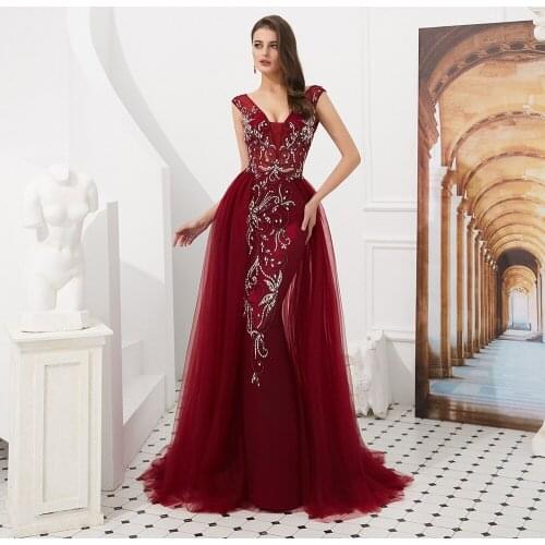 Weilinsha Charming Burgundy Evening Dress with Tulle Skirt V-neck Beading Rhinestons Backless Prom Dresses robe de soiree