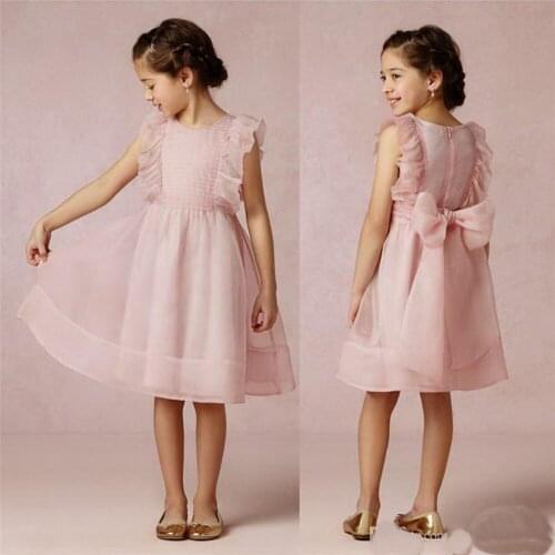 2020 New Cute Pink A line Organza Girls Flower Dresses with Bow Knee Length Baby Formal Occasion First Communion Skirt