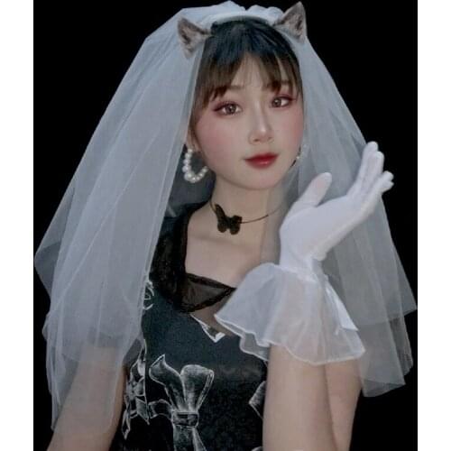 Simple Elegent Bride Wedding Headdress Mesh Veil With Comb Bridal Shower Party Photo Props Girl Lady Devil Demon Ear