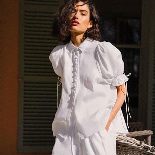 Cotton Linen Solid Women White Shirts Summer New 2021 Puff Sleeved Loose Drawstring Elegant Office Lady Outwear Tops