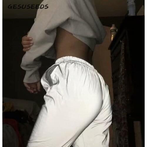 Autumn grey punk casual trousers women joggers high wasit elastic pants sweatpants women reflective pants ladies neon capris