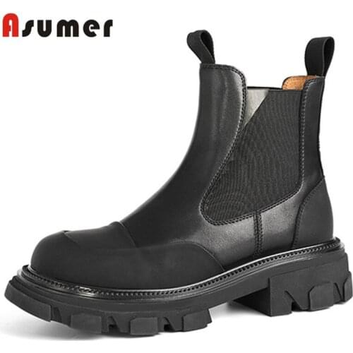 Asumer 2022 Newest Genuine Leather Chelsea Boots Women Shoes Mixed Colors Winter Ankle Boots Comfortable Flat Shoes Ladies