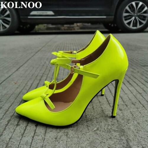 Kolnoo New Handmade Womens Stiletto High Heels Pumps Patent Leather T-Strap Pointy Real Photos Evening Large Size Fashion Shoes