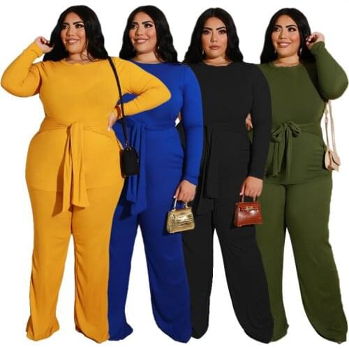 Two Piece Sets Fashion Plus Size XL-5XL Women Solid Color O-neck Lace-up Pullover Tops + Wide-leg Pants Autumn Knitted Outfits