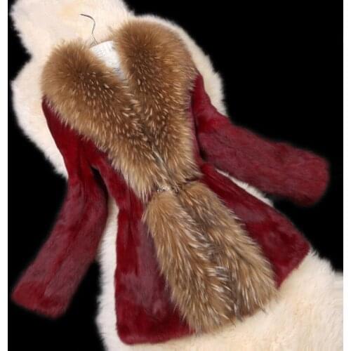 Spring Autumn winter Womens Genuine Natural Real Rabbit Fur Coats Raccoon Fur Collar Lady Slim Outerwear Coats VF0084
