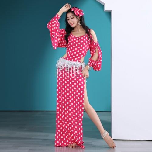 Women Belly Dance Baladi Dress Polka Dot Oriental Lesson Wear Headband Robe Safety Pant