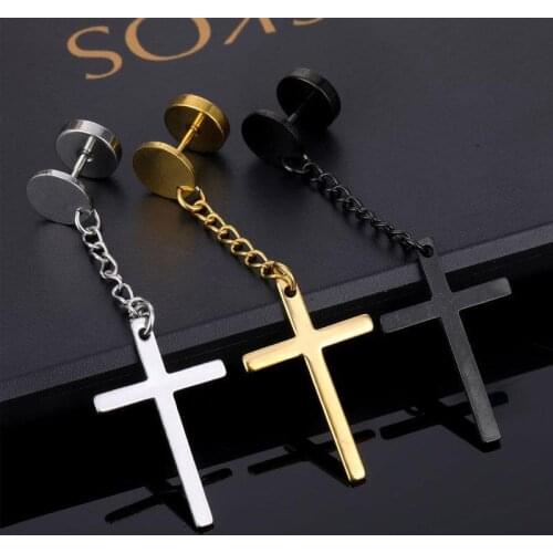 1Pc Punk Stainless Steel Cross Drop Earring Long Chain Tassels Ear Piercing Jewely Round Barbell Stud Earrings with Cross
