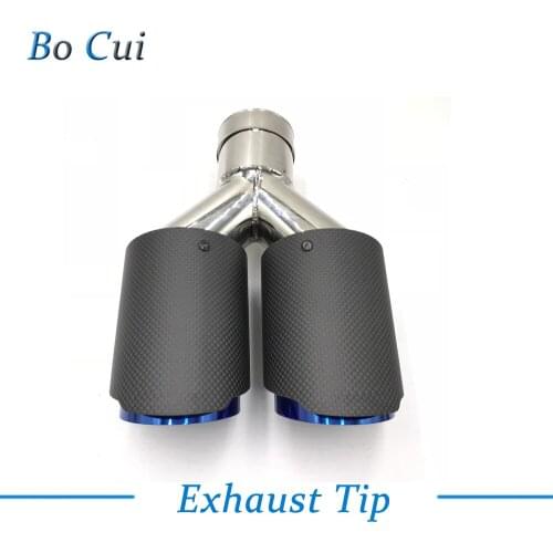 1 Piece Universal Dual Tail pipes Exhaust Tip Carbon Fiber + Blue End Muffler Pipe