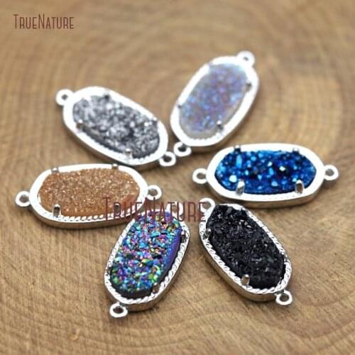 10Pcs Prong Setting Silver Electroplated Roundrect Connector Mix Color Druzy Crystal Connector Outlet 10x16mm PC8242