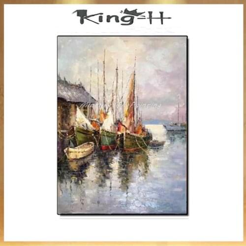 100% Hand Painted Rainbow Color Abstract Sailing Boat Ship Oil Painting Canvas Unframed Wall Art Textured Paintings Artwork