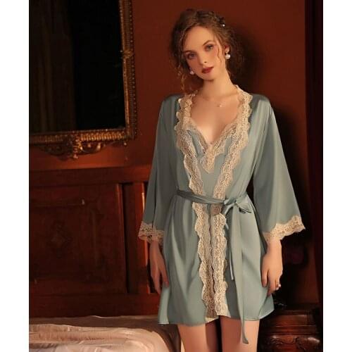 3pcs Women Homewear Pajamas Sets Ice Silk Robe + Suspenders Dress + G-string Home Embroidery Bathrobe Sleepwear Suit