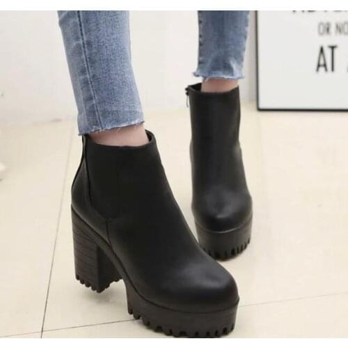 Black Boots Female Leather Women Boots new Thick Heels Ankle Boots For Women Round Toe Winter Shoes Women fashion Platform
