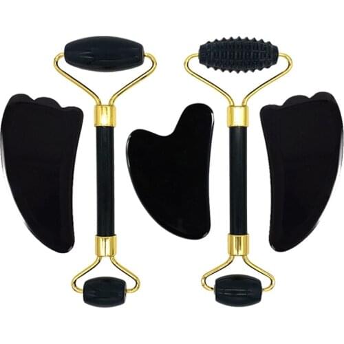 Black Obsidian Jade Roller Face massager Gua sha scraper Natural Gouache Stone Face Roller Gouache scraper Guasha Massage Tools