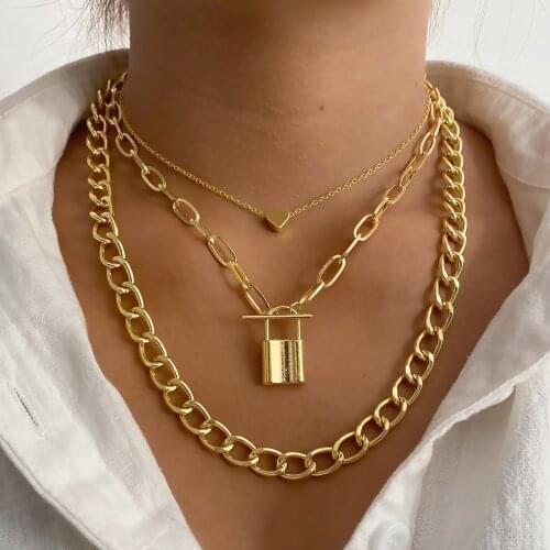 FNIO Lock Pendants Punk Necklaces for Women Gold Color Hollow Chain Personality Female Neck Jewelry gothic Neck Decoration