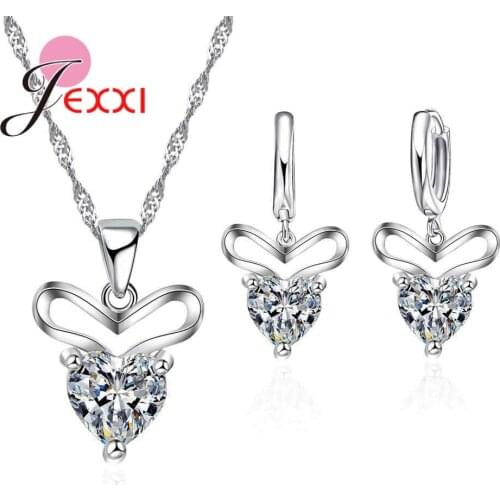 Romantic Heart Pattern Crystal Earrings Necklace Set 925 Sterling Silver Jewelry Sets Wedding Jewelry Valentines Gift for Girls