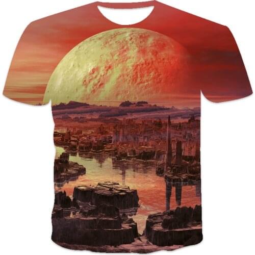 New best-selling oversized loose mens T-shirt clothes short-sleeved fantasy planet print O-neck mens T-shirt
