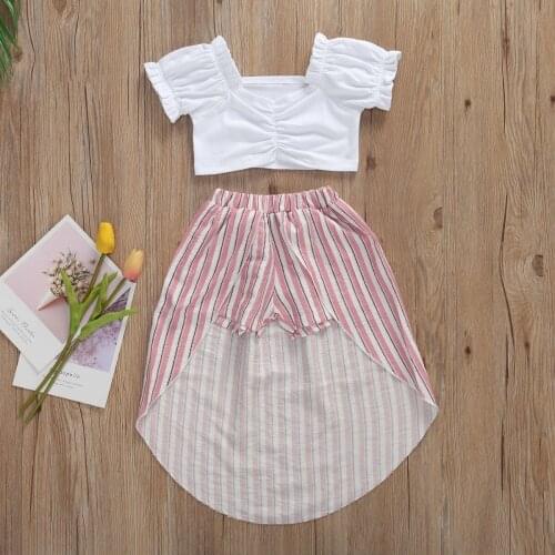 2021 New Summer Infant Baby Girls Clothes Sets White Ruffles Sleeve T Shirts Tops+Striped Shorts Skirts