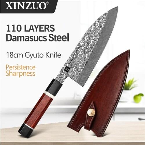 XINZUO Pro 180mm Gyuto Knife with Leather Sheath High Carbon 110 Layers Damascus 60±1 HRC Deba Fish Head Knife Rosewood Handle