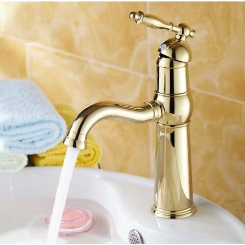 Polished Gold Color Brass Kitchen Wet Bar Bathroom Vessel Sink Faucet Swivel Spout Mixer Tap Single Hole One Handle mnf296